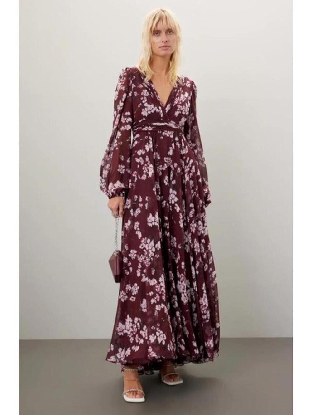 Mac Duggal Floral Chiffon Gown Dress Burgundy Red Maxi Size 6